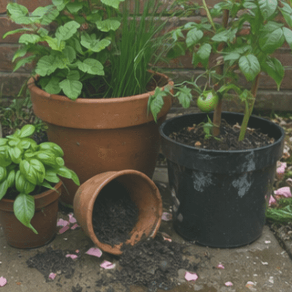 plants in pot with a pot that has fallen over