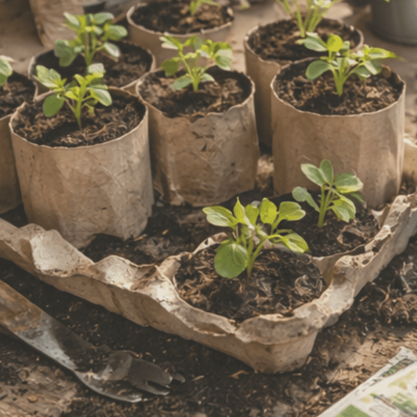starting seeds in egg cartons and toilet paper tubes